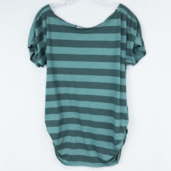 Aventura Striped Ruched Sides Short Sleeve Top Womens Large Green Boat Neck - Picture 1 of 16
